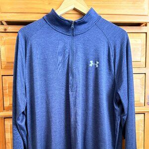 Men's Under Armour Heathered Blue Long Sleeve 1/4 Zip Heat Gear Size 2XL Loose